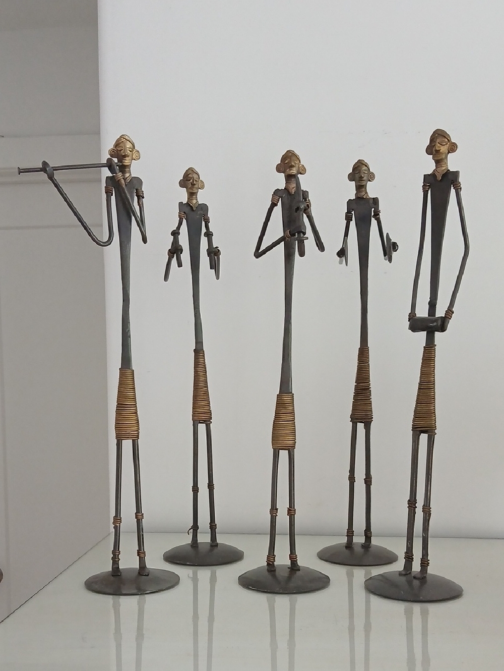 Vintage Orissa Dhokra Tribal Cast Metal Statue Musicians Set Of 5